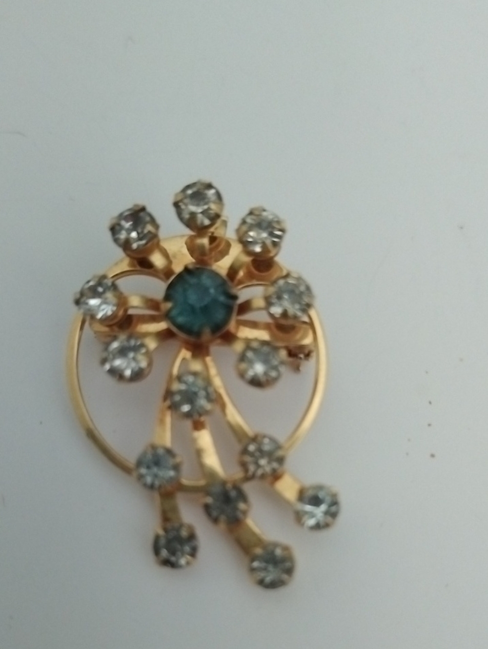 Gold-Tone Brooch with Blue Center Crystal and Clear Accents